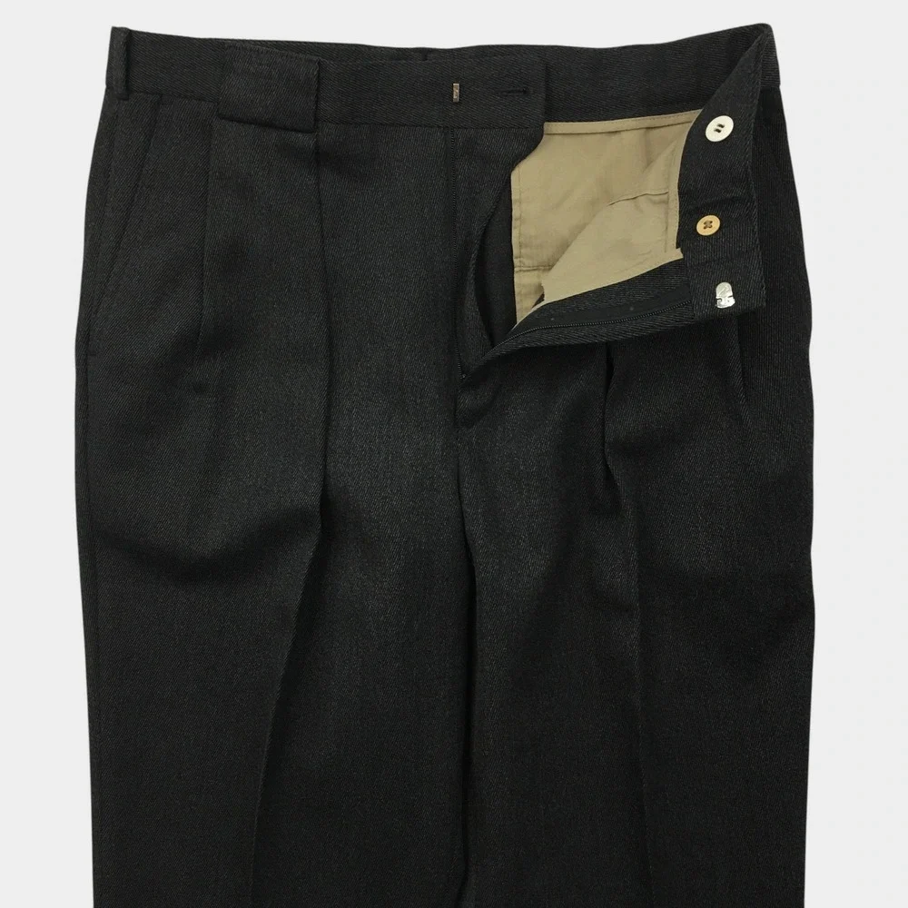 VINTAGE Mens Double Pleated Gabardine Wool Dress Pants Suspender Buttons 33x29